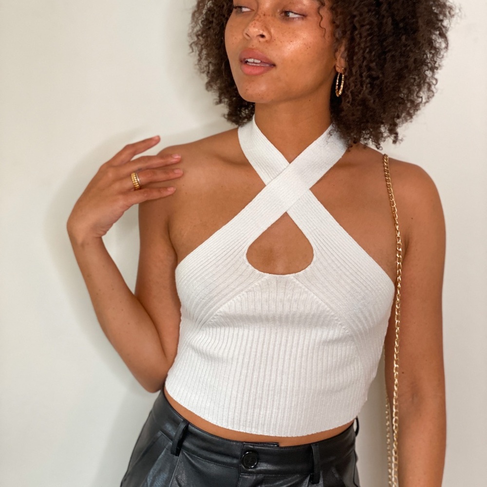 New-White Knit Halter Crop Top - Stretchy & Soft